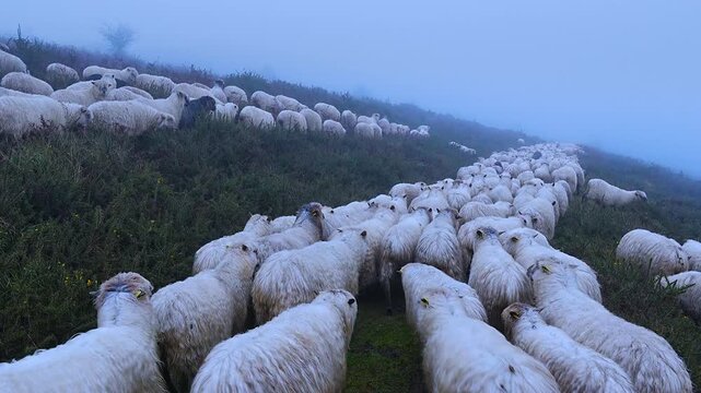 Flock of Latxa sheep (Basque: latxas) transhumant between Sodupe (Bizkaia) and the Losa Valley (Burgos). Las Merindades region. Burgos. Castile and Le&oacute;n. Spain