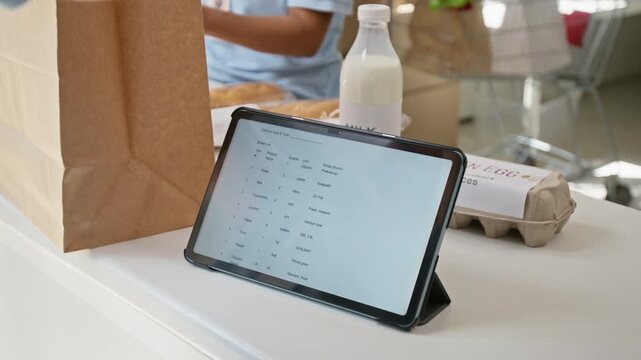 Unrecognizable man checking grocery delivery order list on digital tablet while packing food. Perfect footage for online supermarket apps and retail fulfillment logistics marketing