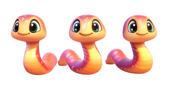 Three cute pink and orange cartoon worms with large expressive eyes isolated on transparent background PNG cutout