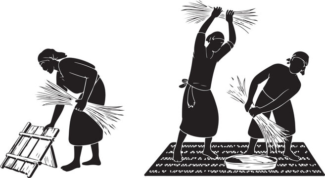 Silhouettes of farmers threshing rice grain on a white background