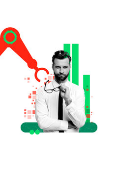 Art image vertical photo collage of serious businessman hold glasses think development chart artificial intelligence robotic hand