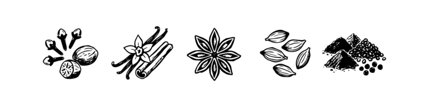 Hand drawn sketch set of aromatic spices: nutmeg, cloves, vanilla, cinnamon stick, star anise, cardamom, peppercorns, and ground powder. Black and white vector engraving icons on white.