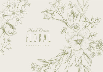 Obraz premium Set of detailed various flowers and foliage, intricate details and delicate forms. Hand drawn vector illustration with elegant botanical elements for invitation, save the date card