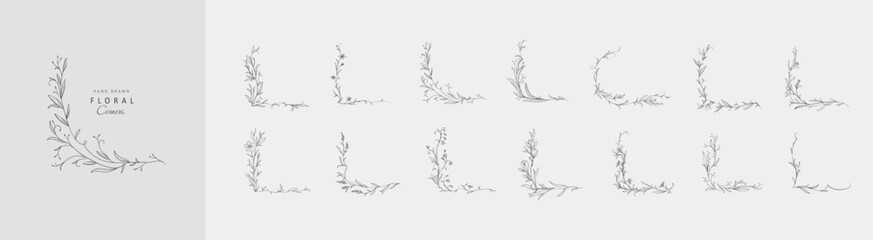 Fototapeta na wymiar Set of whimsical drawing various flowers frames and corners. Luxury floral collection for wedding invitation, wallpaper art or save the date card. Botanical vector
