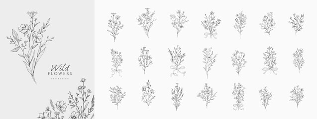 Fototapeta na wymiar Set of hand drawn wild flowers in bouquets. Minimalist forms with elegant botanical elements for invitation, save the date card. Botanical rustic trendy greenery