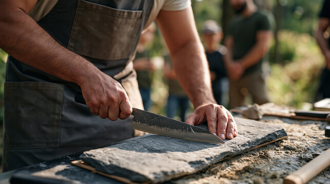 Knife sharpener improvising a whetstone angle guide from scavenged materials beside a forest trail, a small barely visible nick on the blade catching the outdoor light as a family