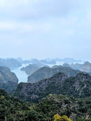 Fototapeta premium Elevated panoramic landscape showing sea waters winding between forested limestone karst peaks under a soft hazy blue sky in Lan Ha Bay.