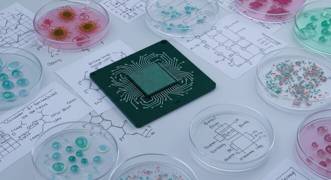 A computer microchip sits on a table surrounded by petri dishes containing colored liquid and diagrams