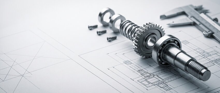 Precision Engineering Blueprint: Exploded View of Steel Mechanical Shaft, Gear, and Bearings with Vernier Caliper and Copy Space.