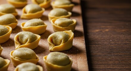 Fototapeta premium Fresh homemade tortellini on rustic wooden board waiting to be cooked