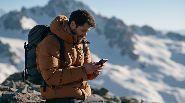 Georgian mountain guide using a satellite connected rugged device to receive a cryptocurrency tip from a hiking tour client, outdoor adventure economy, borderless digital payment,