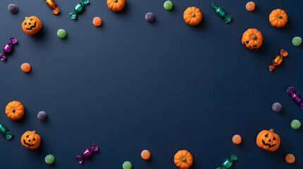 Fototapeta premium Colorful candy pumpkins arranged in a festive Halloween frame shape.