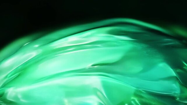 Macro abstract soft bioluminescent fluid, smooth mint green and pale teal viscous shapes, uniform morphing with soft glow, static camera, soft dark green background