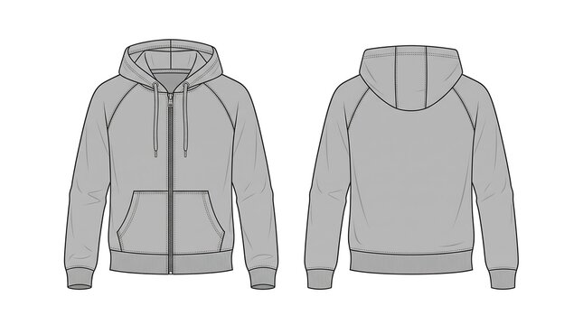 Zip hoodie fashion technical sketch template front and back view vector apparel design isolated on white background