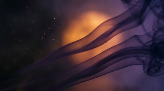 Swirling ethereal smoke plumes drift gracefully across a vibrant golden and deep purple blurred background illuminated by soft glowing embers in this artistic abstract display