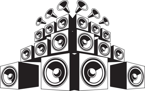 Towering stack of audio speakers a black and white vector illustration on a white background