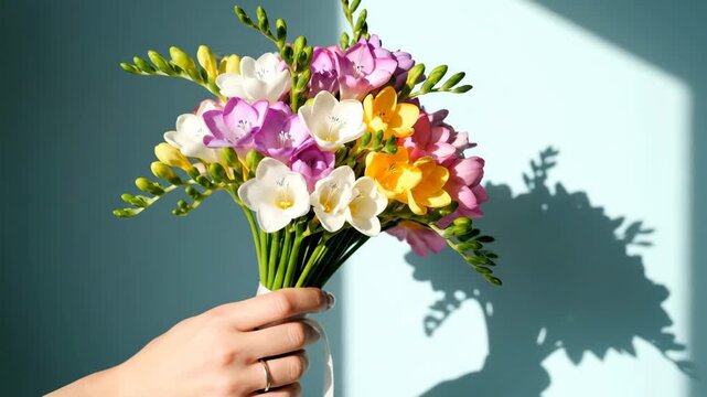 Hand Holding Colorful Freesia Bouquet in Sunlight
