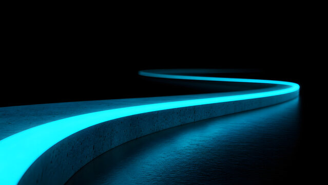 Glowing neon blue path winding through abstract dark space