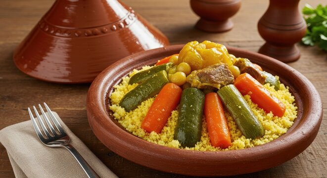Authentic Moroccan tagine dish with couscous and fresh vegetables on traditional clay tagine