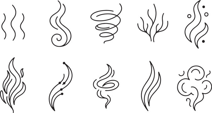 Doodle set of steam and smoke smells, hand drawn vector icons, line art outline illustration for aroma and odor concept.