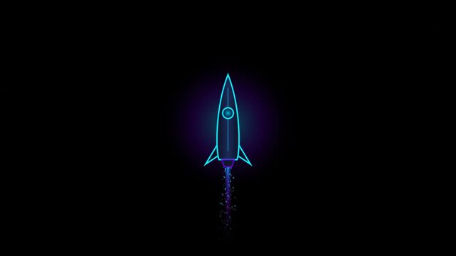Neon rocket flying through dark space, glowing in blue and purple light with sparkling thruster trail, futuristic scifi concept vector illustration