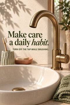 Water Saving Poster with Bathroom Sink and Turn Off Tap Message