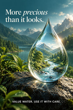 Water Conservation Poster with Mountain River inside Glass Drop