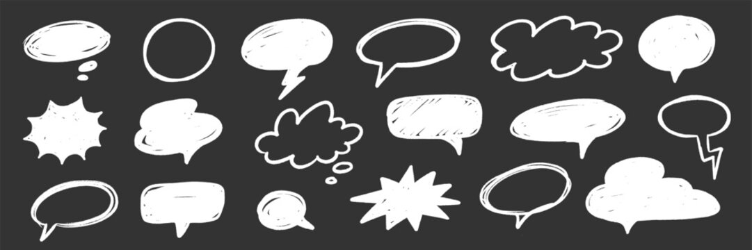 Speech bubble crayon balloon set. Hand drawn speech bubble crayon balloon doodle cloud text paper box. Chalk comic dialogue chat blackboard message playful grunge. Vector