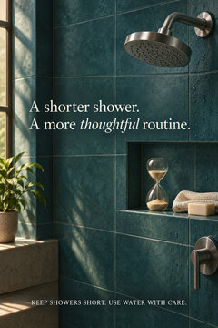 Water Conservation Poster with Shower and Hourglass