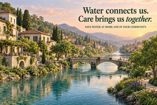 Community Water Conservation Poster with Riverside Village and Bridge