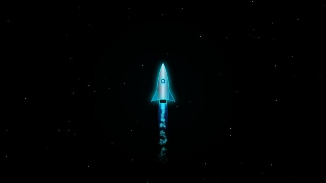 A glowing blue rocket ship launching into deep space, surrounded by a dark starry sky, representing travel, exploration, and futuristic technology concepts
