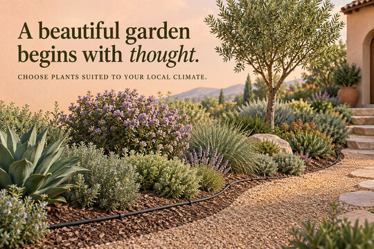 Water Wise Gardening Poster with Gravel Path and Climate Suited Plants