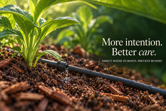 Water Conservation Poster with Drip Irrigation Watering a Young Plant
