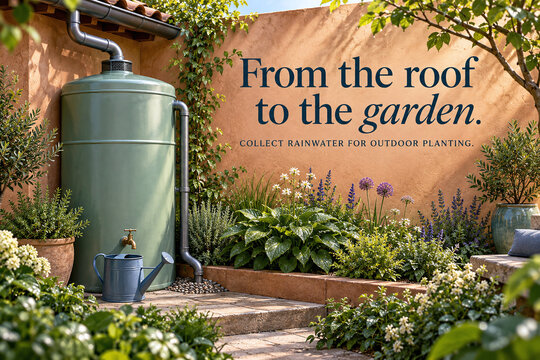 Rainwater Harvesting Poster with Garden Storage Tank and Watering Can