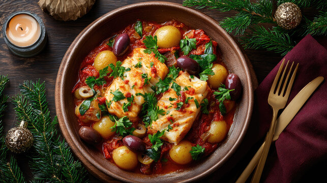 Traditional mexican bacalao a la vizcaina. A festive cod dish for christmas eve dinner. Prepared with olives. Potatoes. And red chili in a rich tomato sauce