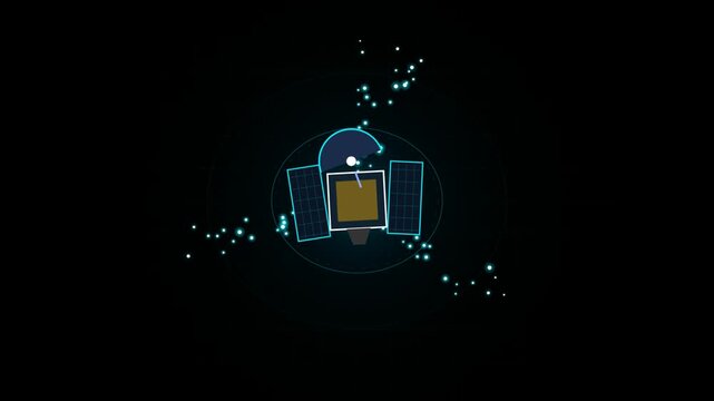 Minimalist vector illustration of a satellite orbiting in deep space with glowing stars and cosmic dust particles against a dark black background