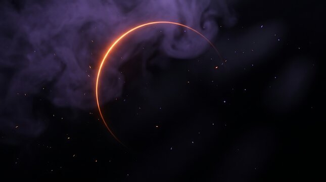 Glowing circular light frame surrounded by swirling purple smoke and small orange embers floating against a deep dark background created in a digital art style