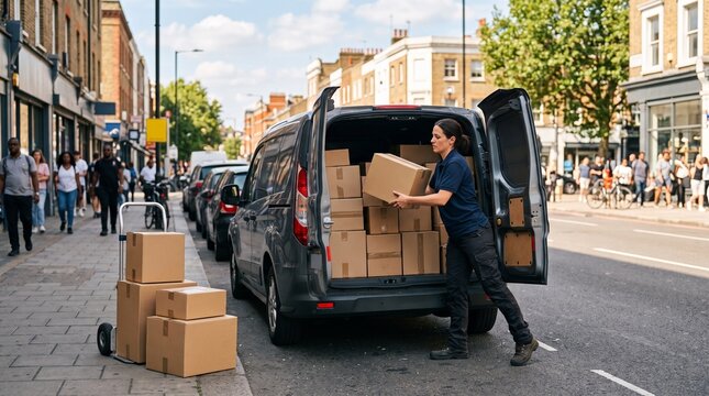 Delivery driver loading packages into a van on a busy city street with pedestrians walking by