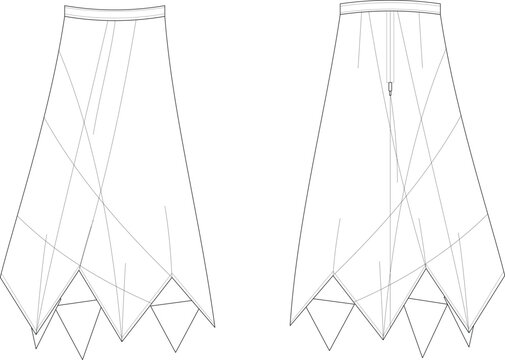 Technical fashion illustration of a maxi skirt technical sketch featuring an asymmetrical geometric sharkbite hemline and multi panel design