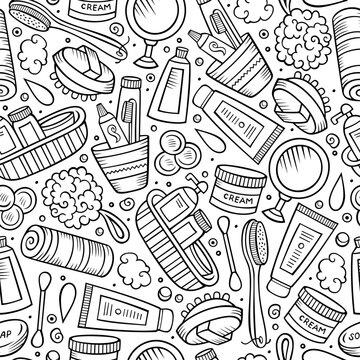 Black and white seamless bathroom pattern with cosmetics, soap, toothbrush, toothpaste, shampoo, mirror, comb and hairbrush in outline doodle style.