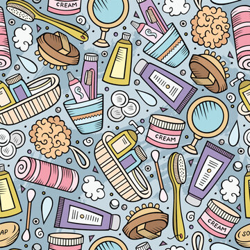 Colorful seamless bathroom pattern with cosmetics, soap, toothbrush, toothpaste, shampoo, mirror, comb and hairbrush in a hand drawn doodle style.