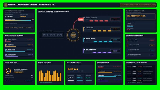 Dynamic AI Task Triage and Queue Management Dashboard UI Animation on Green Screen