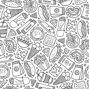 Black and white seamless fast food pattern with pizza, hamburger, hot dog, french fries, popcorn and snacks in a hand drawn doodle style.