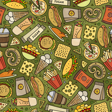 Colorful seamless fast food pattern with pizza, hamburger, hot dog, french fries, popcorn and snacks in a hand drawn doodle style.