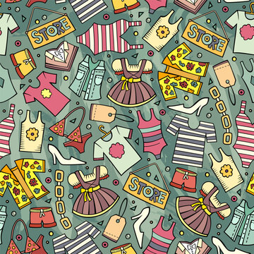 Colorful seamless sale and shopping pattern with clothing, shoes, handbags, price tags and gift cards in a hand drawn doodle style.