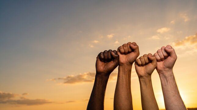 Diverse hands raised in solidarity against a sunset sky symbolizing unity and collective strength