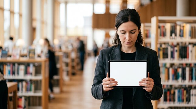 Focused woman in business attire holding a blank tablet screen in a modern library with bookshelves in the background