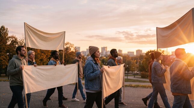 Diverse group of people marching with blank banners during a protest at sunset with city skyline in background