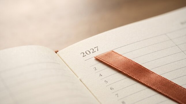 Close up of an open planner or diary showing the year 2027 with a satin ribbon bookmark