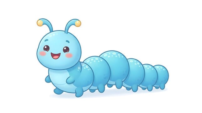 Cute blue cartoon caterpillar crawling on grass